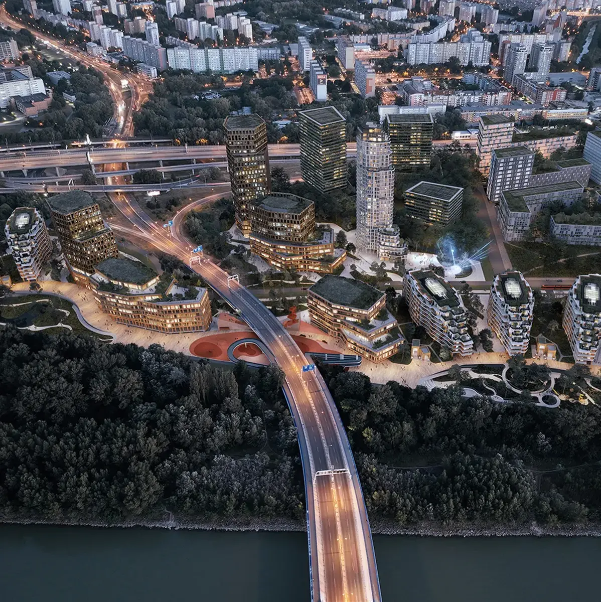 Southbank, Bratislava, Slovakia for Penta Real Estate with Studio Egret West, Sn&oslash;hetta, Gro Arkiteki and Pantograph