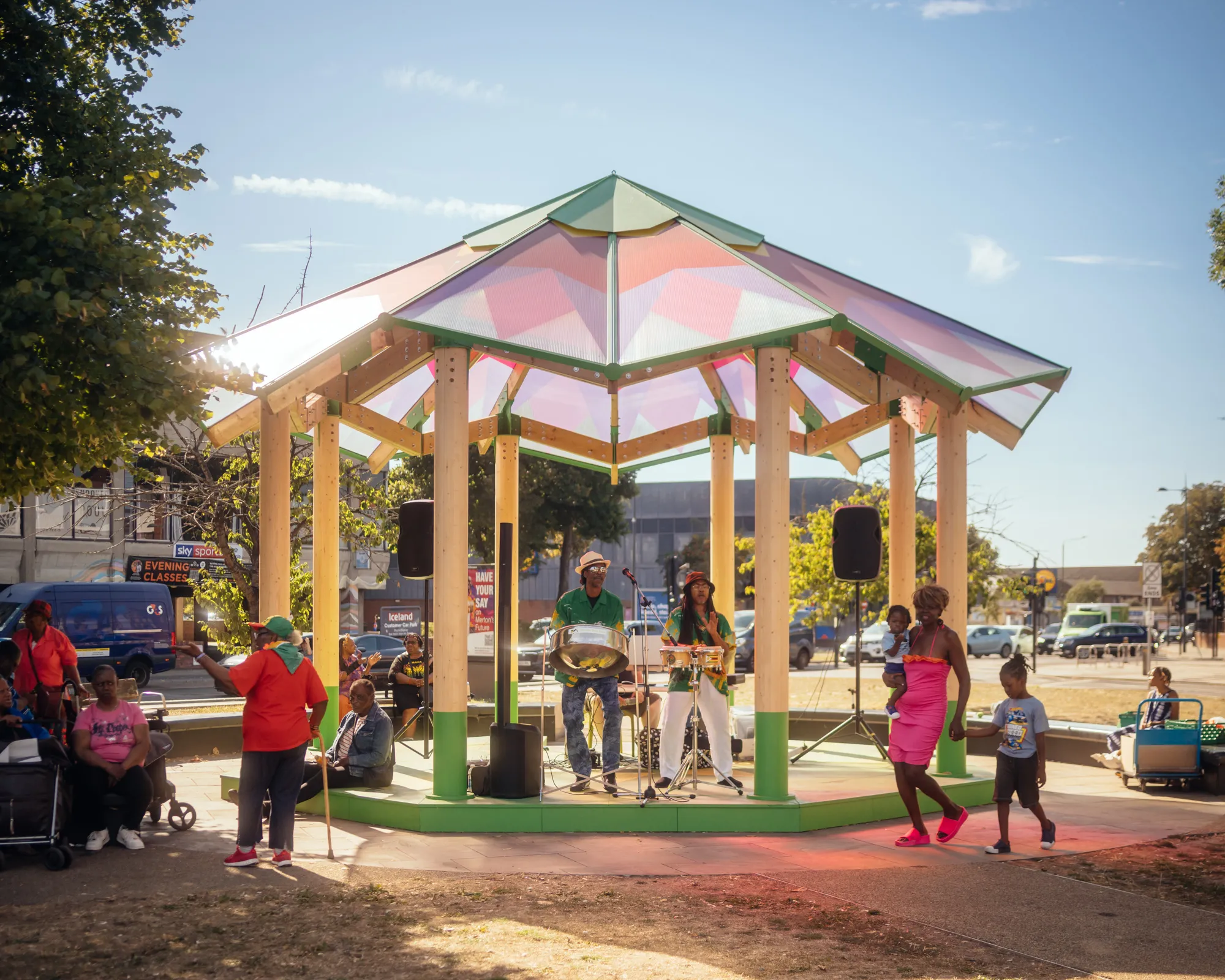 What Goes Around Mitcham Fair Green Bandstand, London Borough of Merton for London Borough of Merton with Charles Holland Architects, RASKL Studio and eHRW